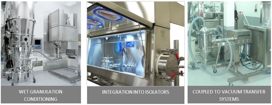 Conical milling feeding to granulation, isolator and vacuum transfer